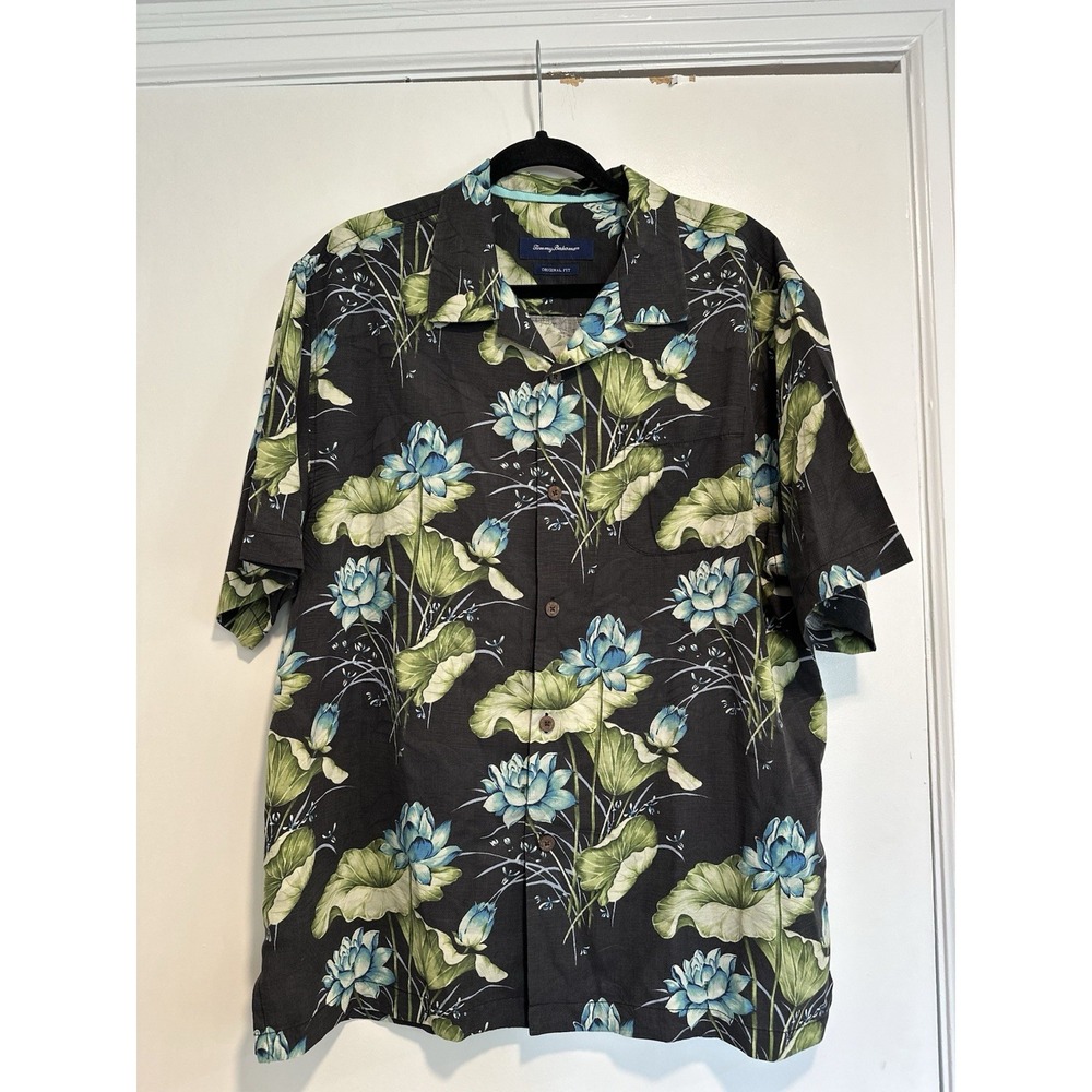 Tommy Bahama Sz:L Silk Blend Blue Floral Hawaiian Shirt Aloha Button Down.